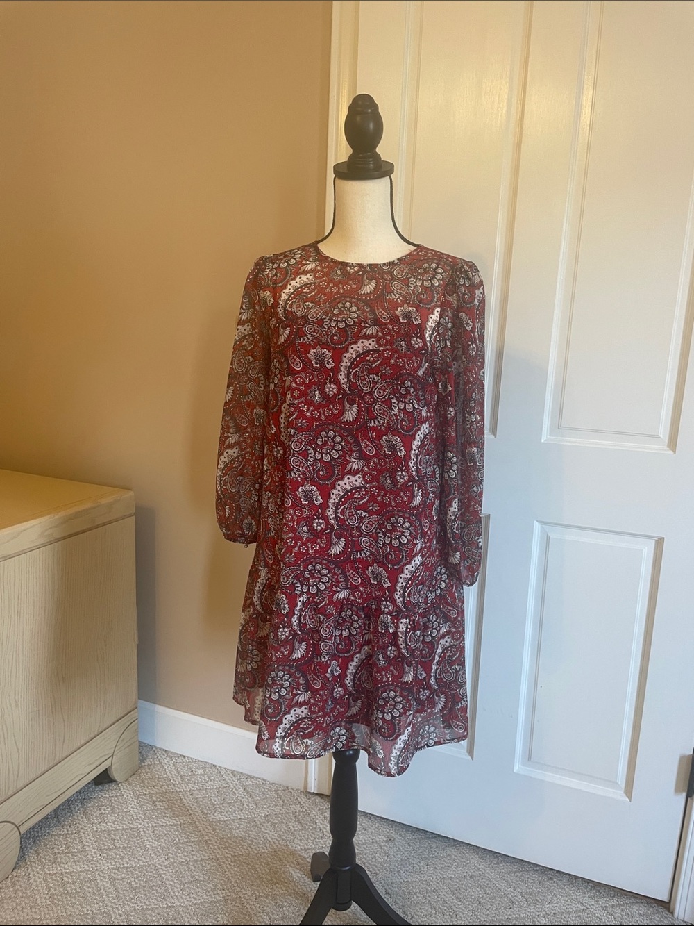 LOFT Burgundy Paisley Long-Sleeve Shift Dress